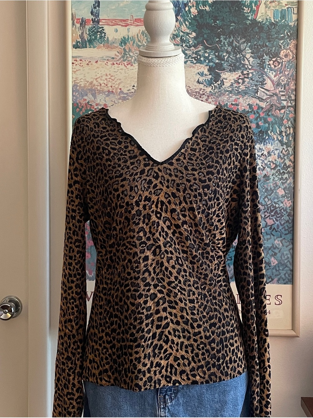 Vintage Express Tricot Leopard Print Mesh Top Large V-Neck Indie Sleaze Y2K 90s